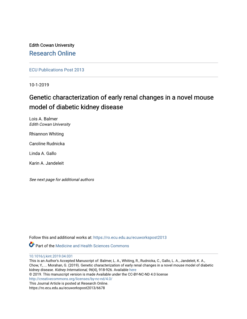 Genetic Characterization of Early Renal Changes in a Novel Mouse Model of Diabetic Kidney Disease