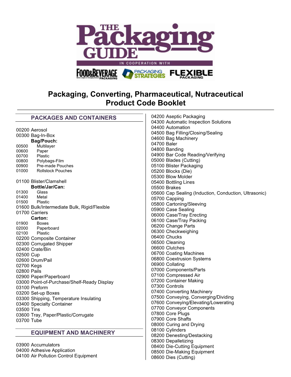 Packaging, Converting, Pharmaceutical, Nutraceutical Product Code Booklet