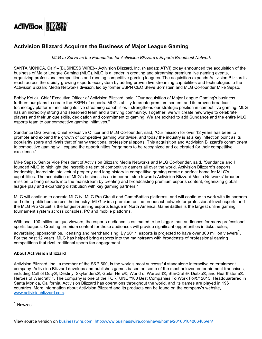 Activision Blizzard Acquires the Business of Major League Gaming