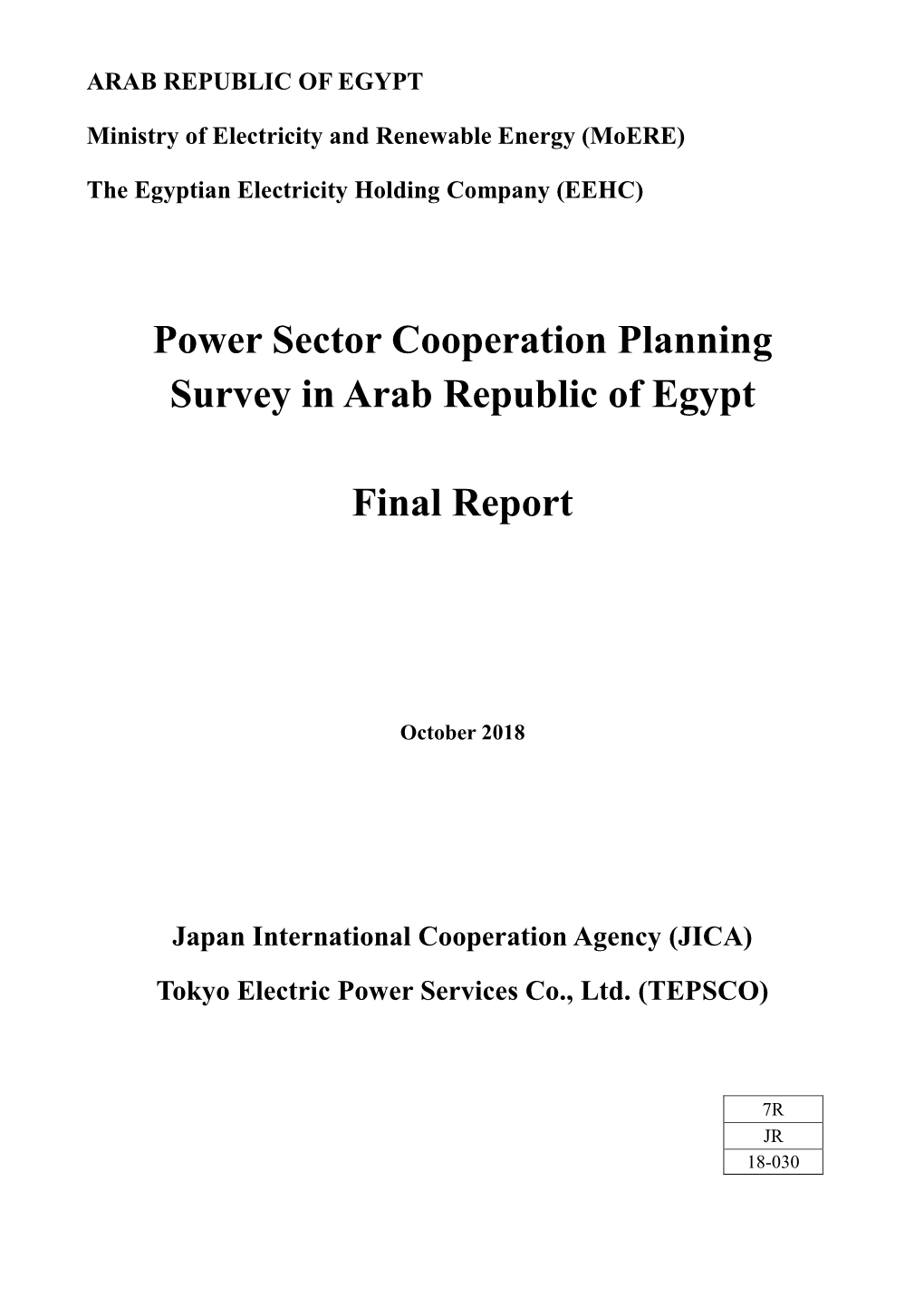 Power Sector Cooperation Planning Survey in Arab Republic of Egypt Final Report