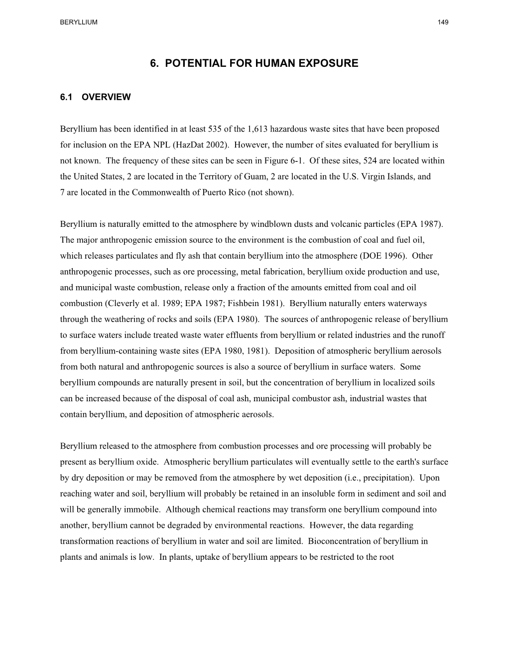 Toxicological Profile for Beryllium