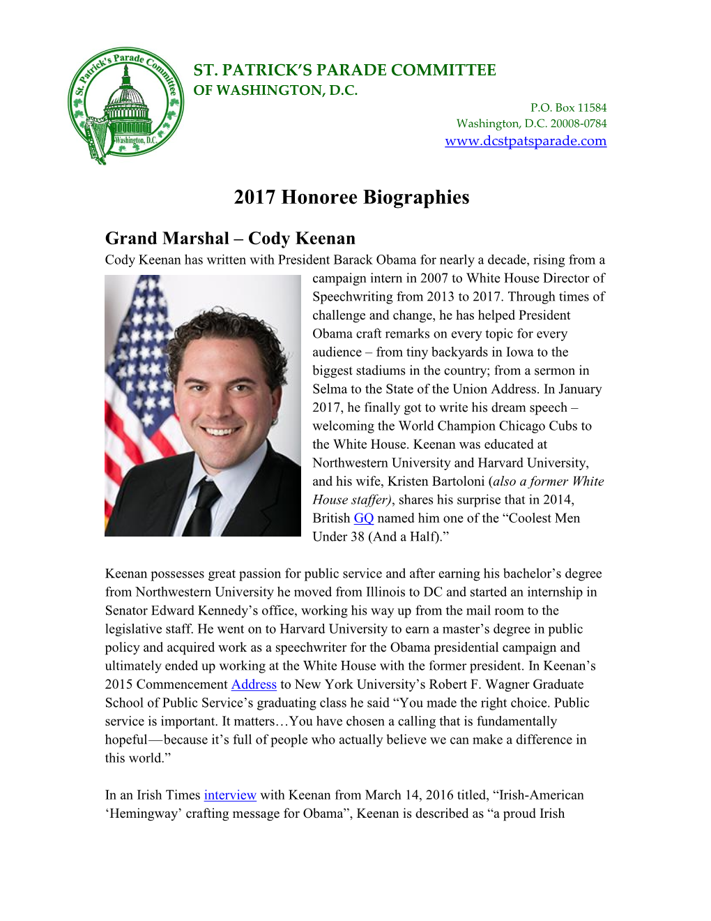 2017 St. Patrick's Parade Honoree Biographies