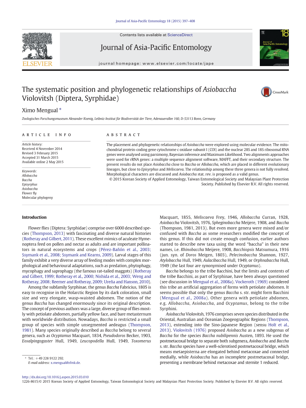 The Systematic Position and Phylogenetic Relationships of Asiobaccha Violovitsh (Diptera, Syrphidae)