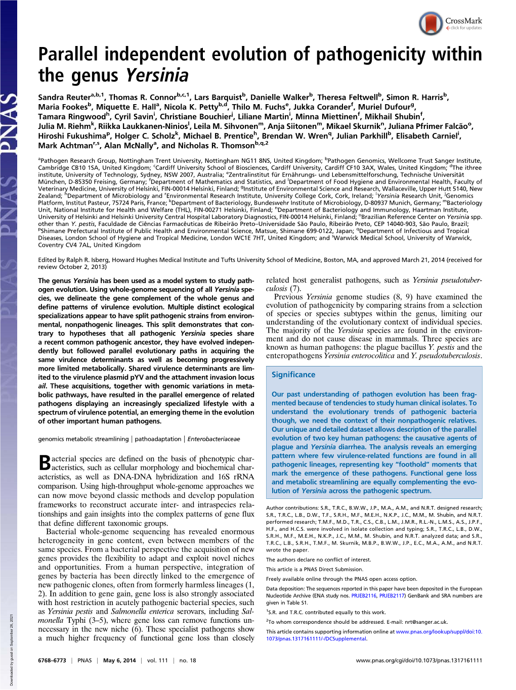 Parallel Independent Evolution of Pathogenicity Within the Genus Yersinia