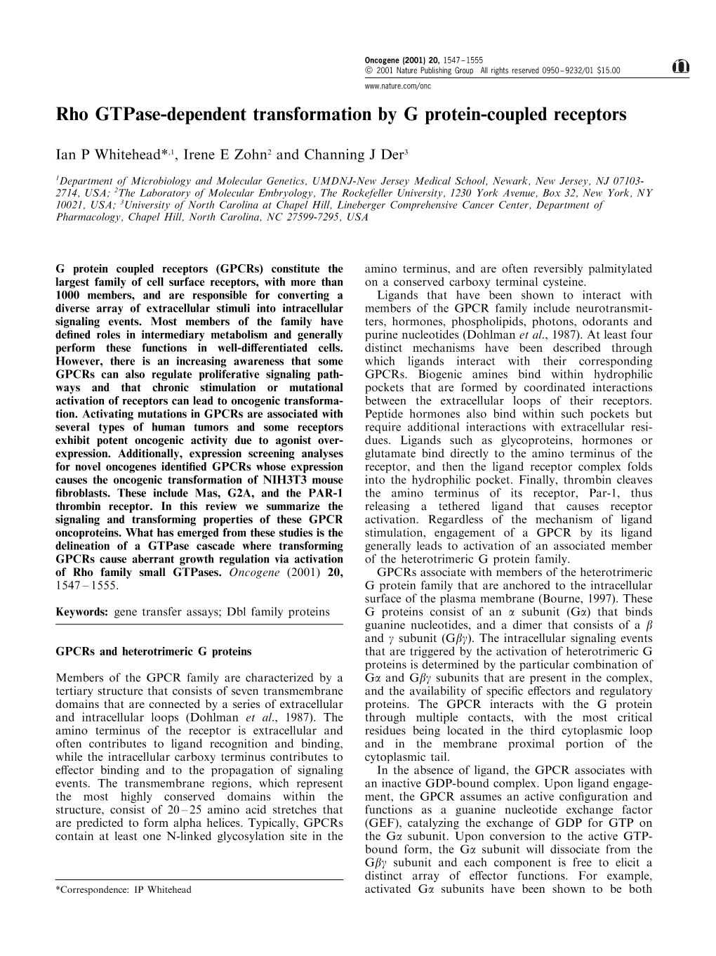 Rho Gtpase-Dependent Transformation by G Protein-Coupled Receptors