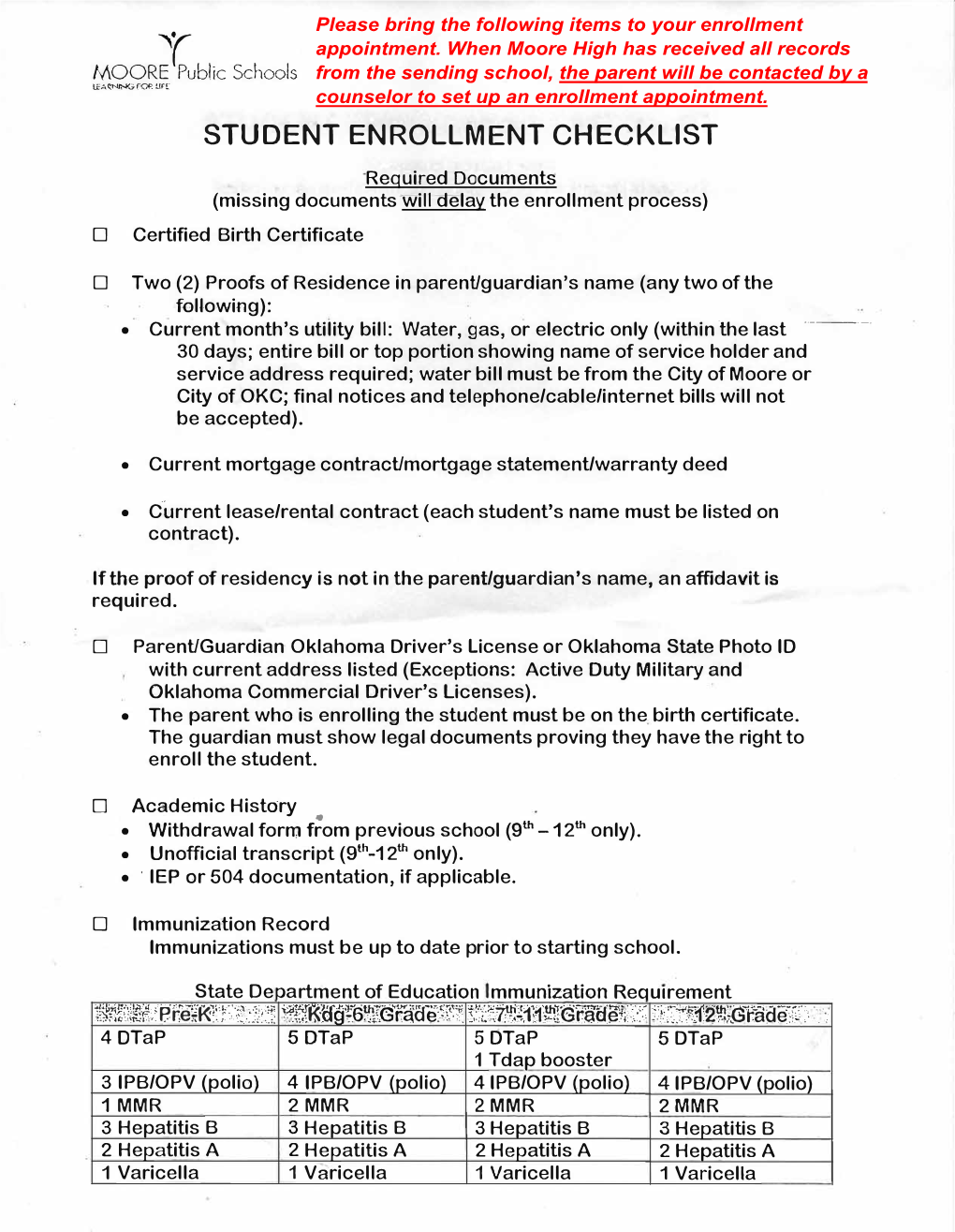 Moore Public Schools 2006-2007 Enrollment Form ID