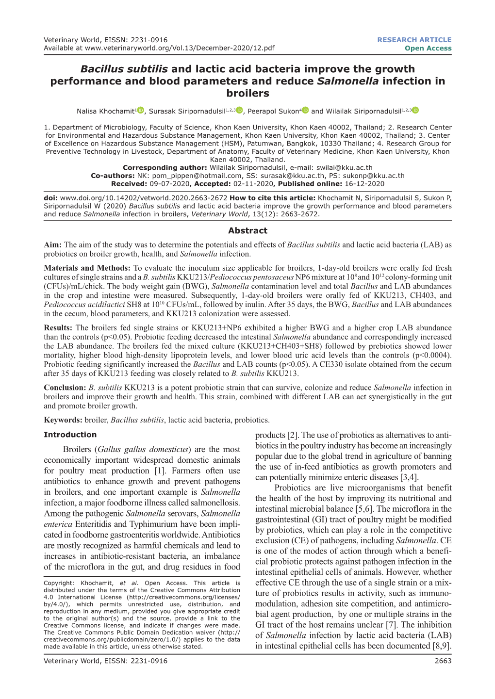 Bacillus Subtilis and Lactic Acid Bacteria Improve the Growth Performance and Blood Parameters and Reduce Salmonella Infection in Broilers