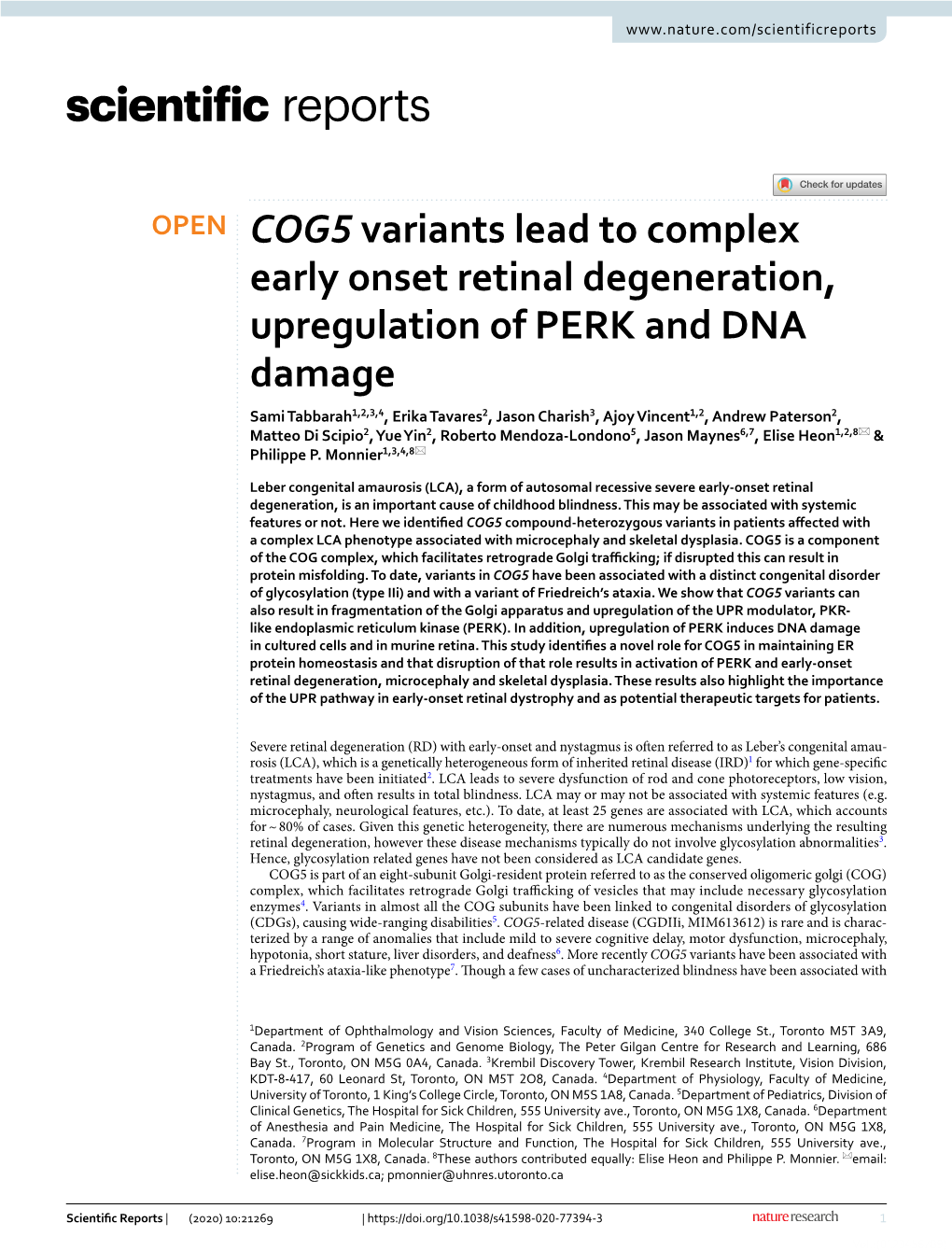COG5 Variants Lead to Complex Early Onset Retinal Degeneration