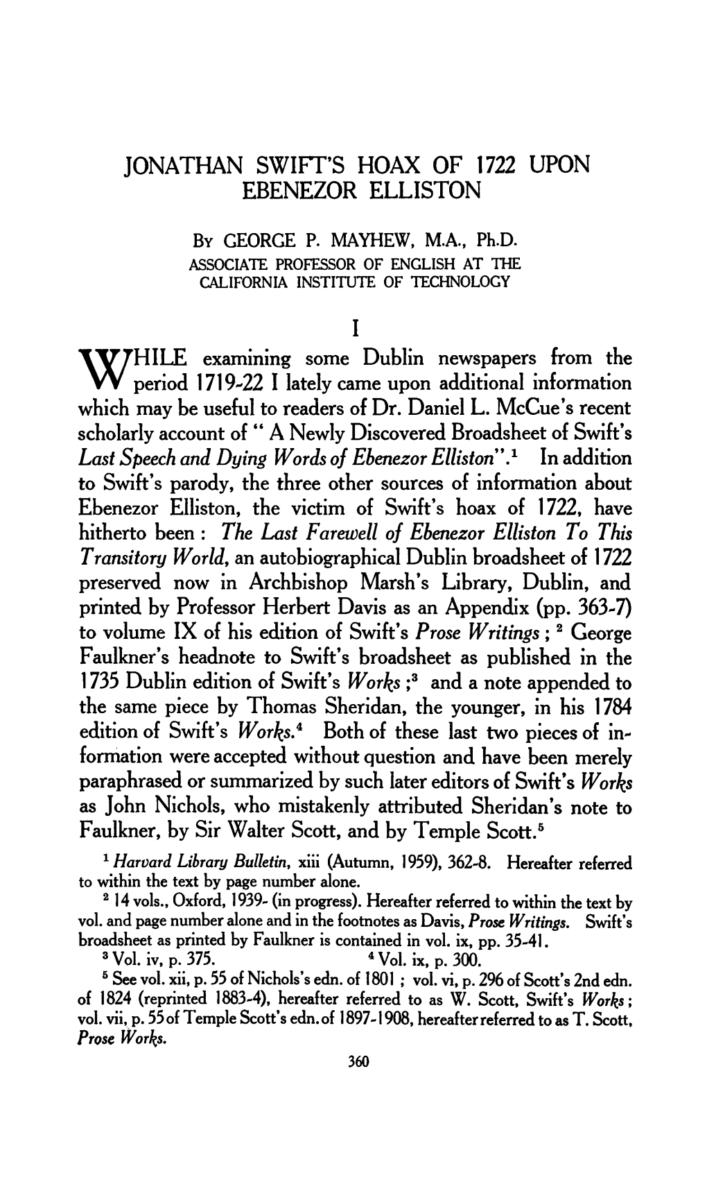 Jonathan Swift's Hoax of 1722 Upon Ebenezor Elliston