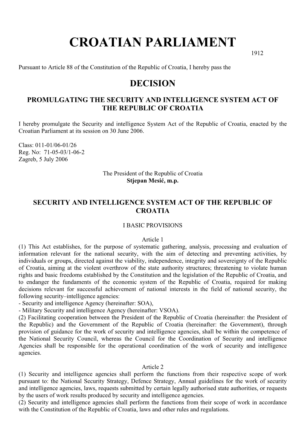 Security and Intelligence System Act of the Republic of Croatia