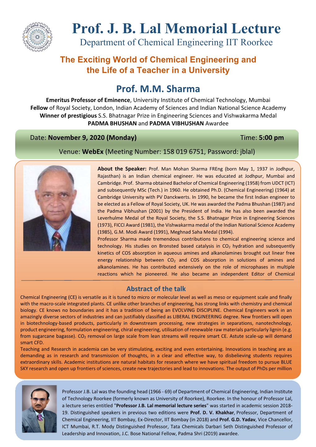 Prof. J. B. Lal Memorial Lecture Department of Chemical Engineering IIT Roorkee