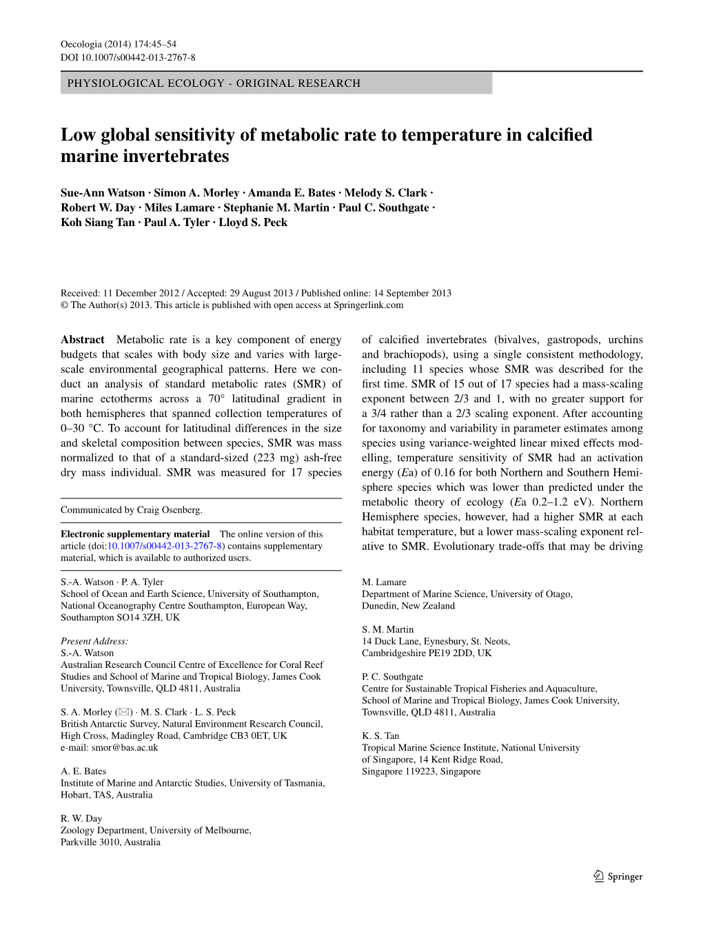 Low Global Sensitivity of Metabolic Rate to Temperature in Calcified Marine Invertebrates