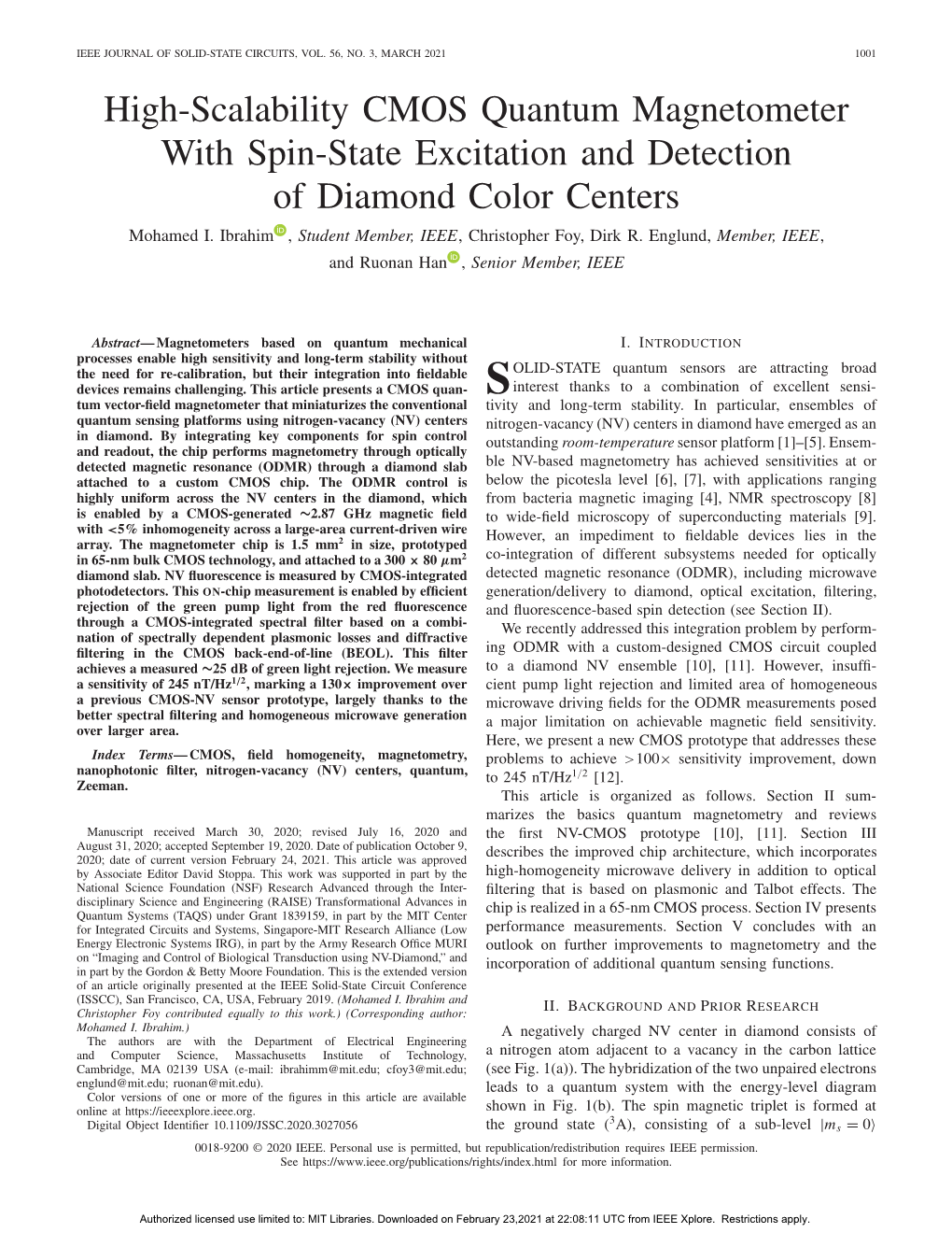 High-Scalability CMOS Quantum Magnetometer with Spin-State Excitation and Detection of Diamond Color Centers Mohamed I