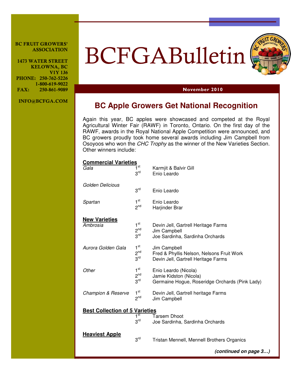 Bcfgabulletin KELOWNA, BC V1Y 1J6 PHONE: 250-762-5226 1-800-619-9022 FAX: 250-861-9089 November 2010