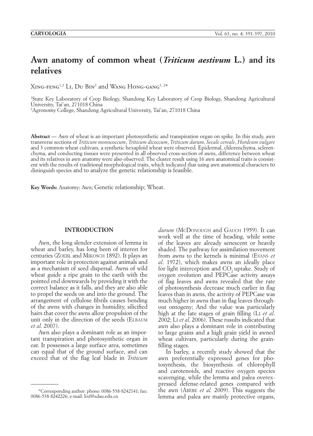 Awn Anatomy of Common Wheat (Triticum Aestivum L.) and Its Relatives