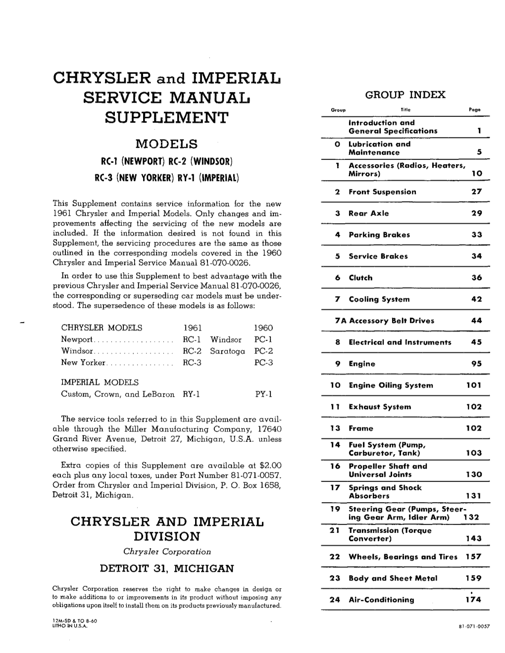 C H R Y S L E R and I M P E R I a L SERVICE MANUAL SUPPLEMENT