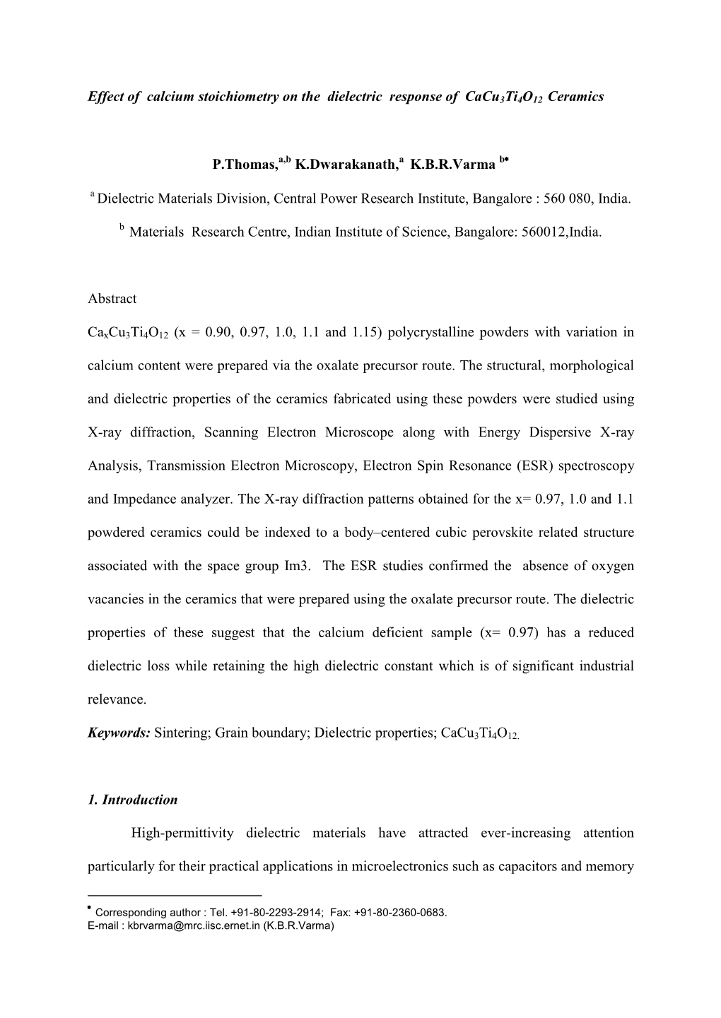 Effect of Calcium Stoichiometry on the Dielectric Response of Cacu3ti4o12 Ceramics P.Thomas, K.Dwarakanath, K.B.R.Varma