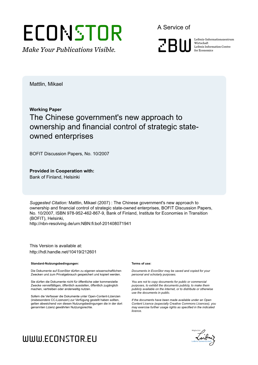 The Chinese Government's New Approach to Ownership and Financial Control of Strategic State-Owned Enterprises, BOFIT Discussion Papers, No