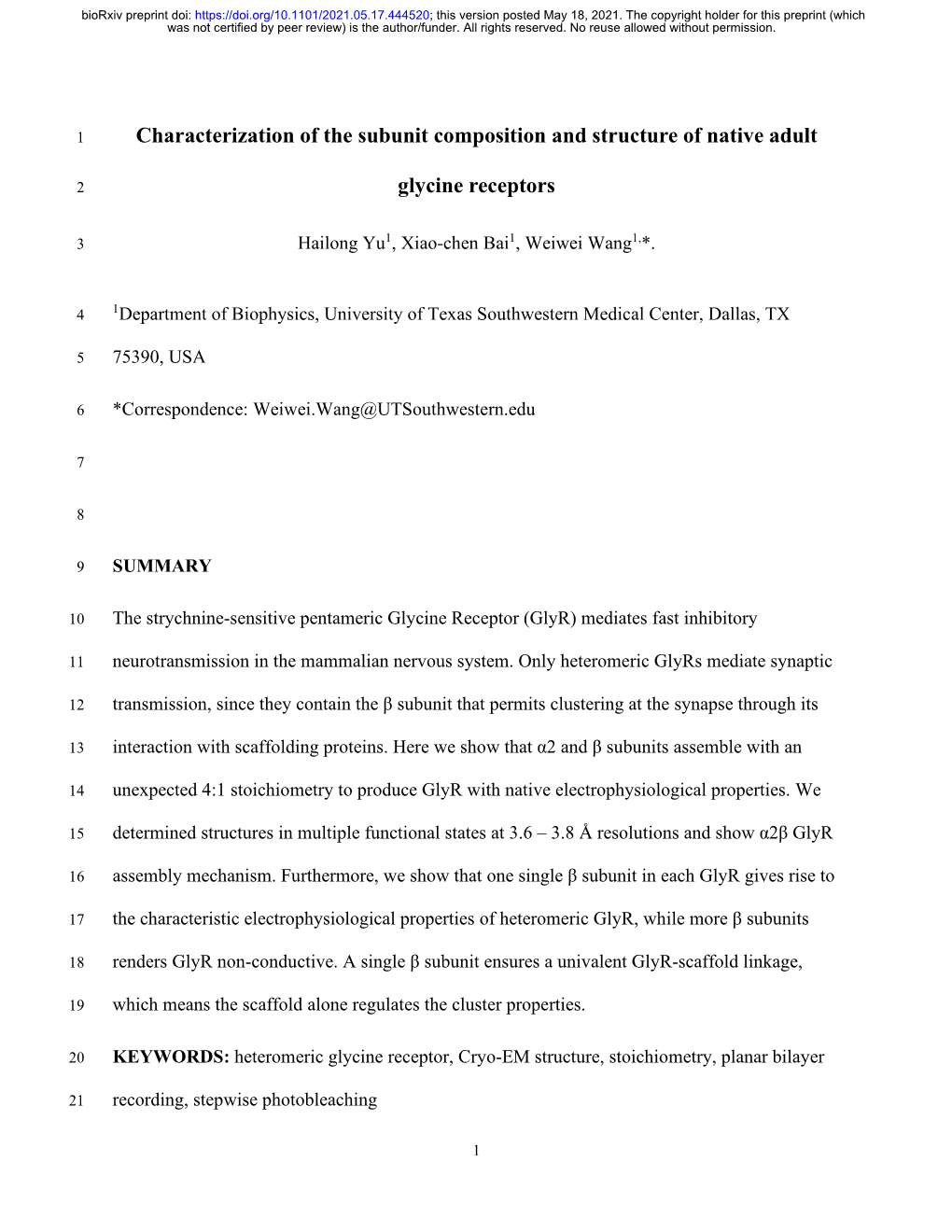 Characterization of the Subunit Composition and Structure of Native Adult Glycine Receptors