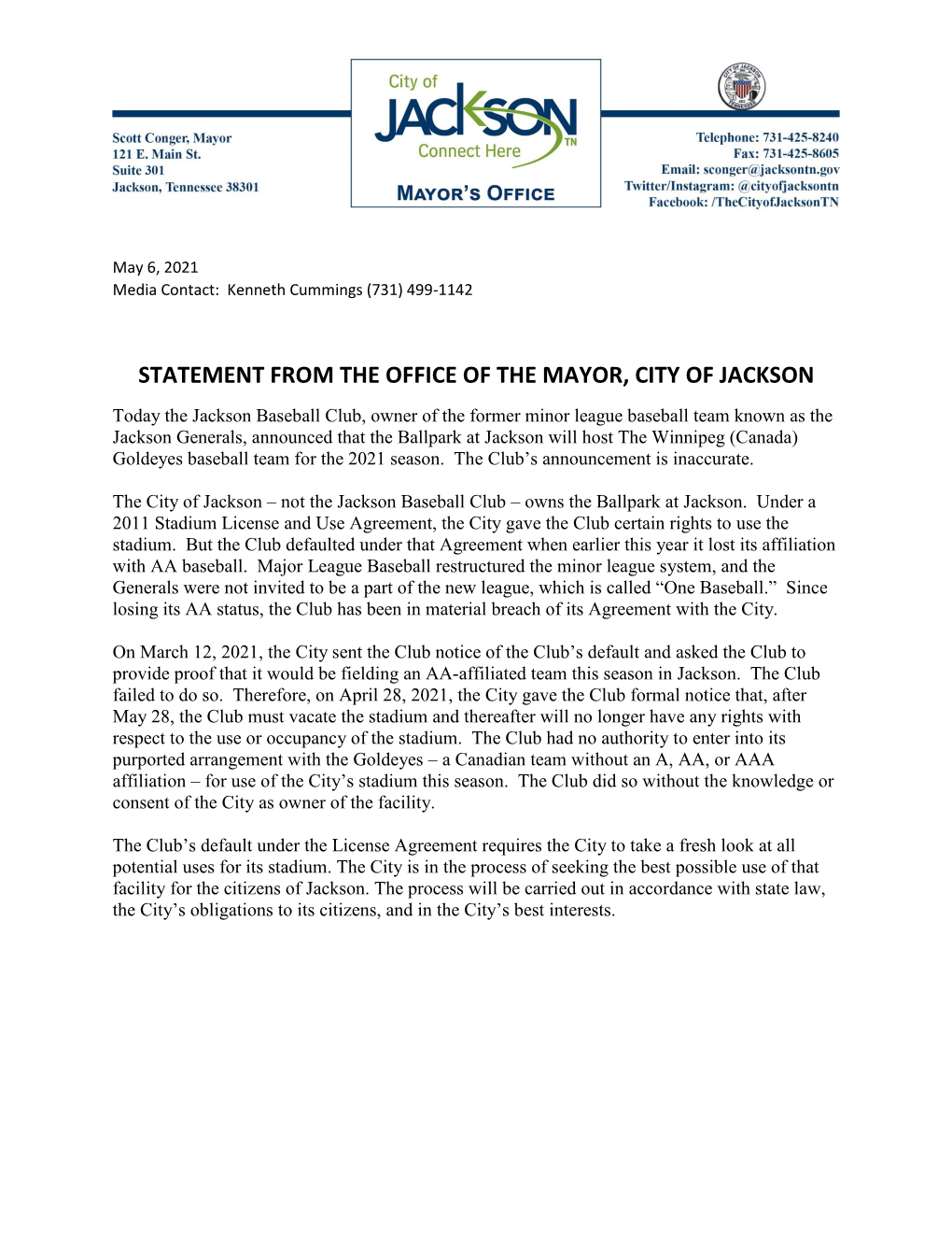 REVISED Statement from the Office of the Mayor, City of Jackson