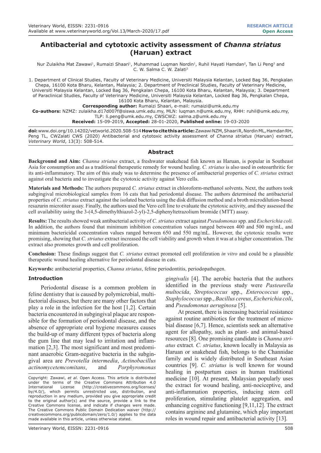 Antibacterial and Cytotoxic Activity Assessment of Channa Striatus (Haruan) Extract