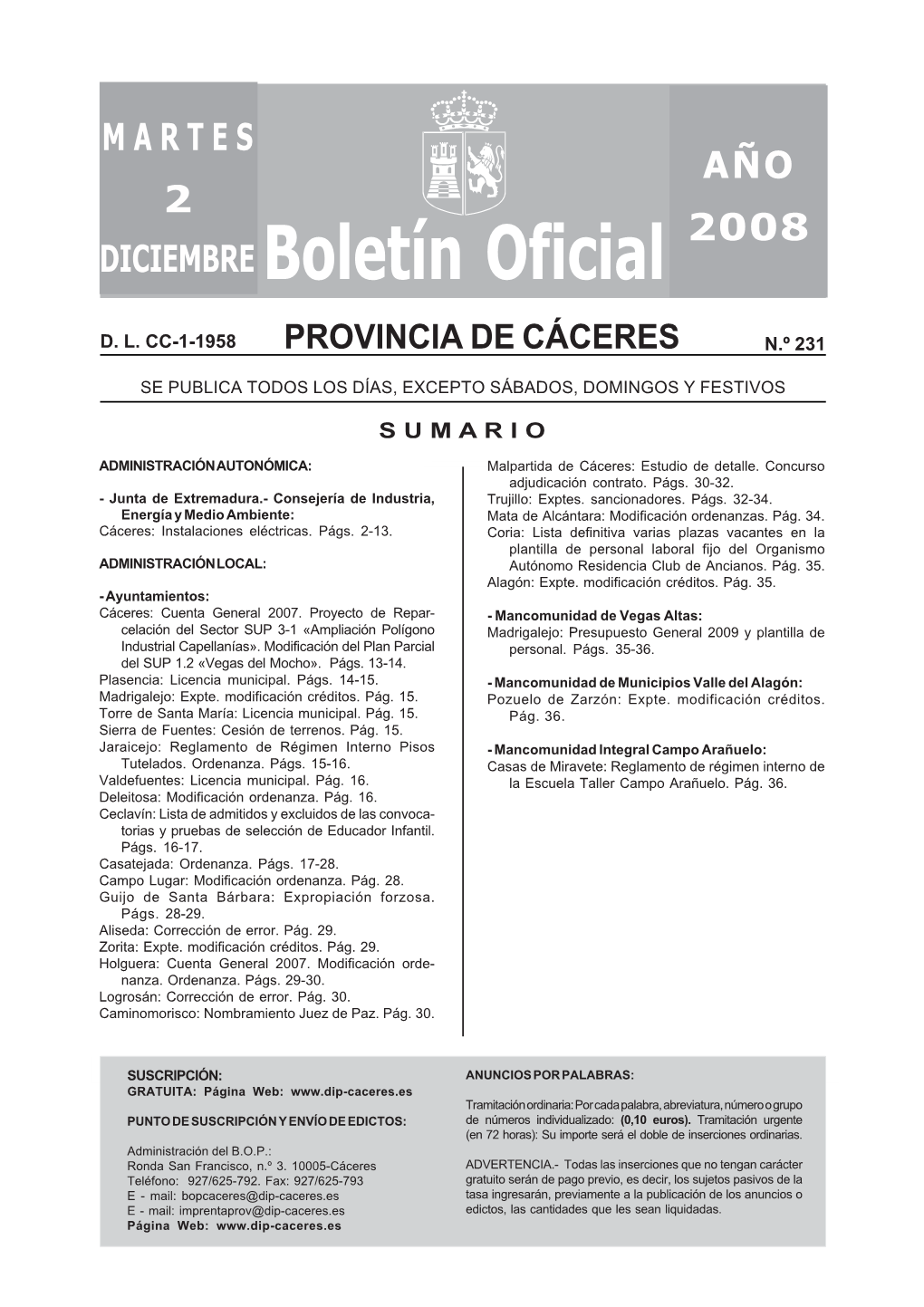 Boletín Oficial De La Provincia De Cáceres