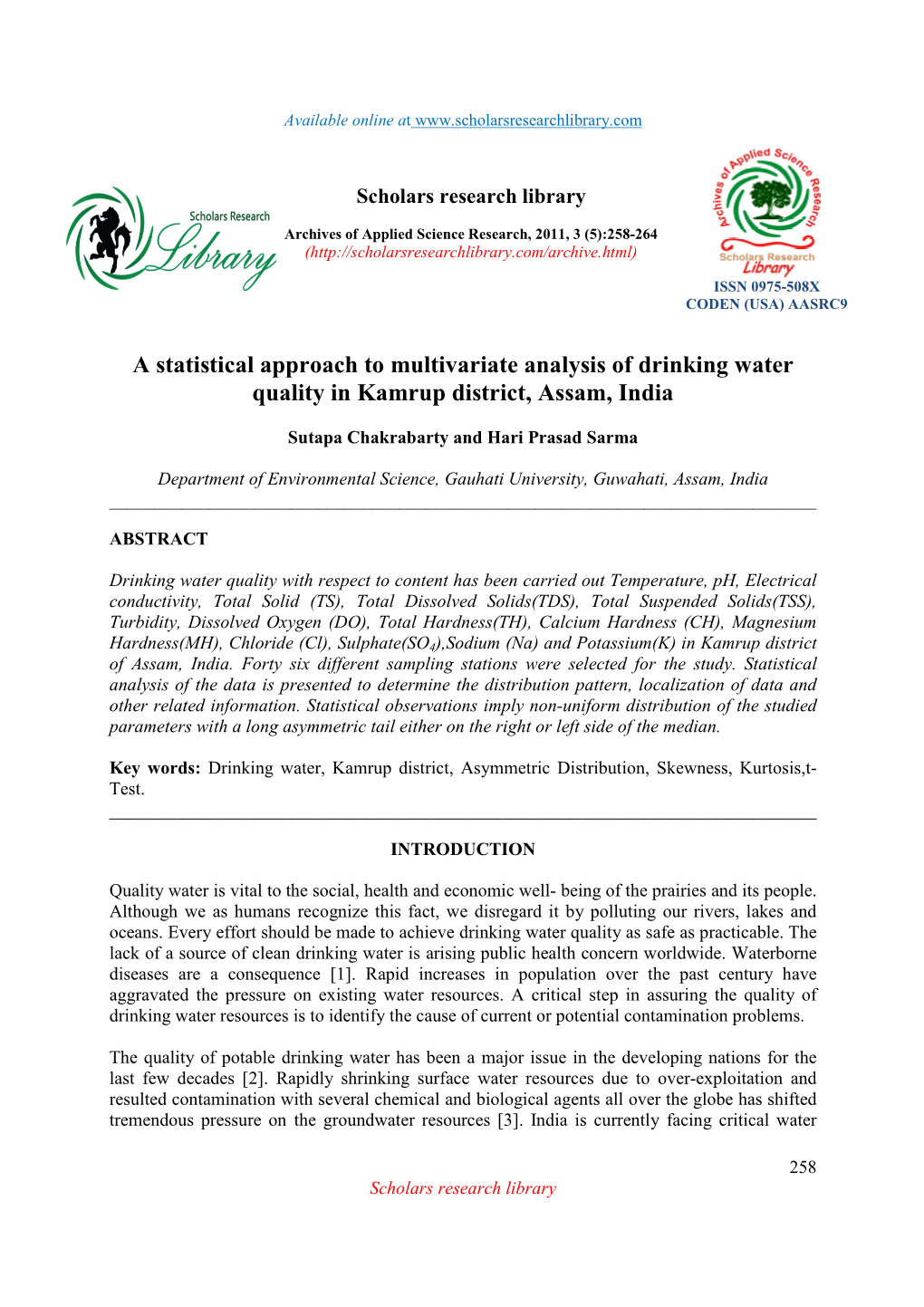 A Statistical Approach to Multivariate Analysis of Drinking Water Quality in Kamrup District, Assam, India