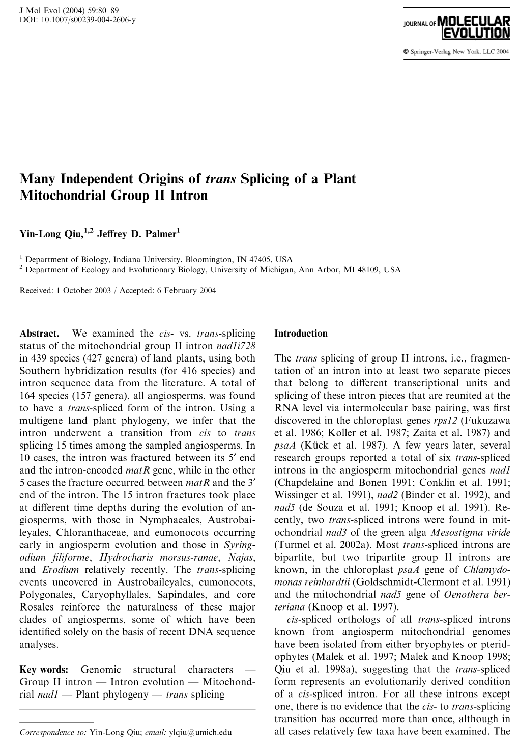 Many Independent Origins of Trans Splicing of a Plant Mitochondrial Group II Intron