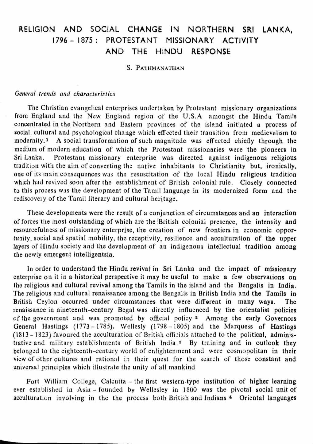 Religion and Social Change in Northern Sri Lanka, 1796 - 1875: Protestant Missionary Activity and the Hindu Response