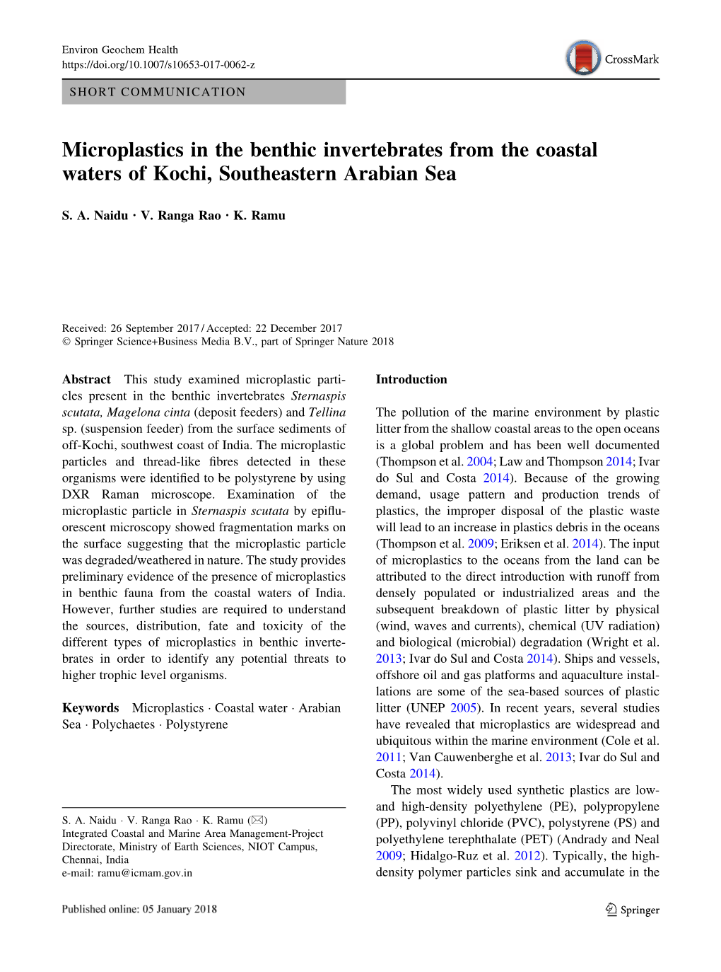 Microplastics in the Benthic Invertebrates from the Coastal Waters of Kochi, Southeastern Arabian Sea