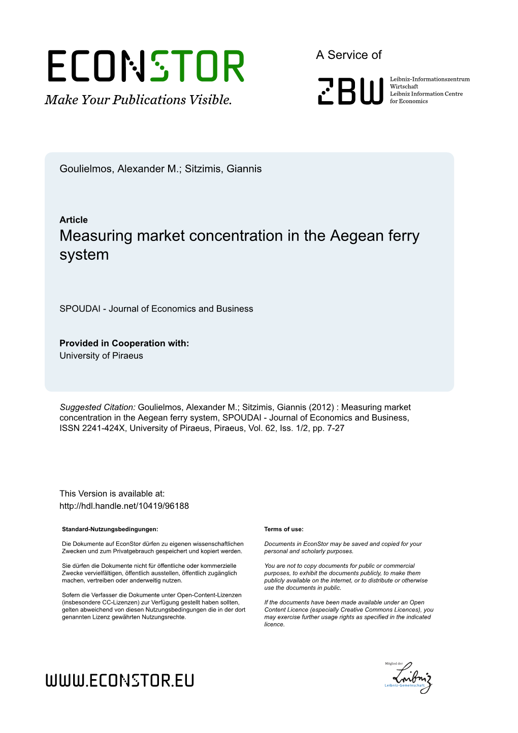 Measuring Market Concentration in the Aegean Ferry System