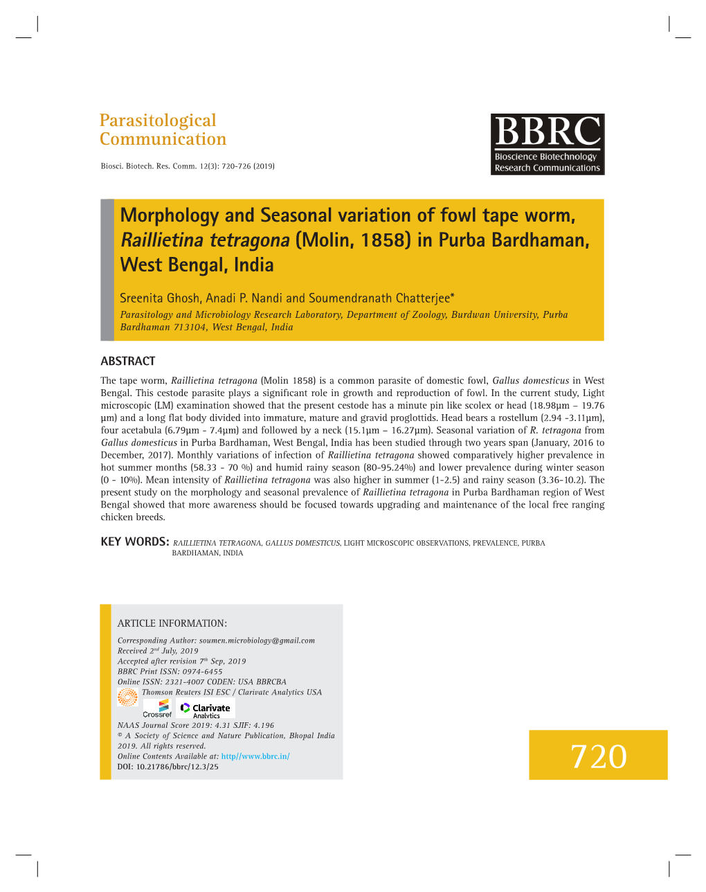 Morphology and Seasonal Variation of Fowl Tape Worm, Raillietina Tetragona (Molin, 1858) in Purba Bardhaman, West Bengal, India