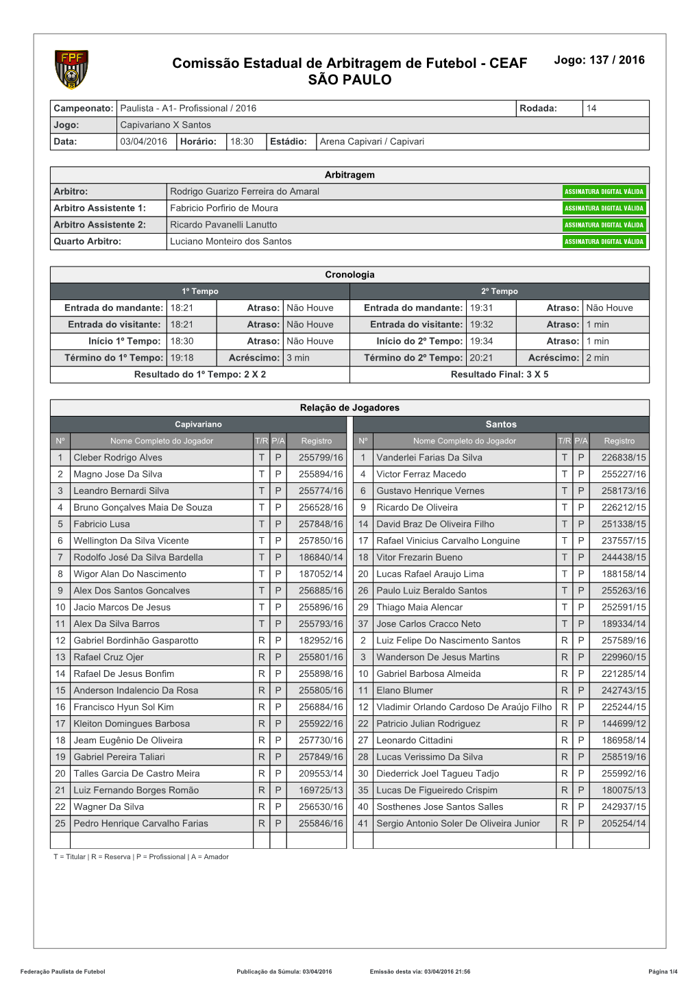 Comissão Estadual De Arbitragem De Futebol - CEAF Jogo: 137 / 2016 SÃO PAULO