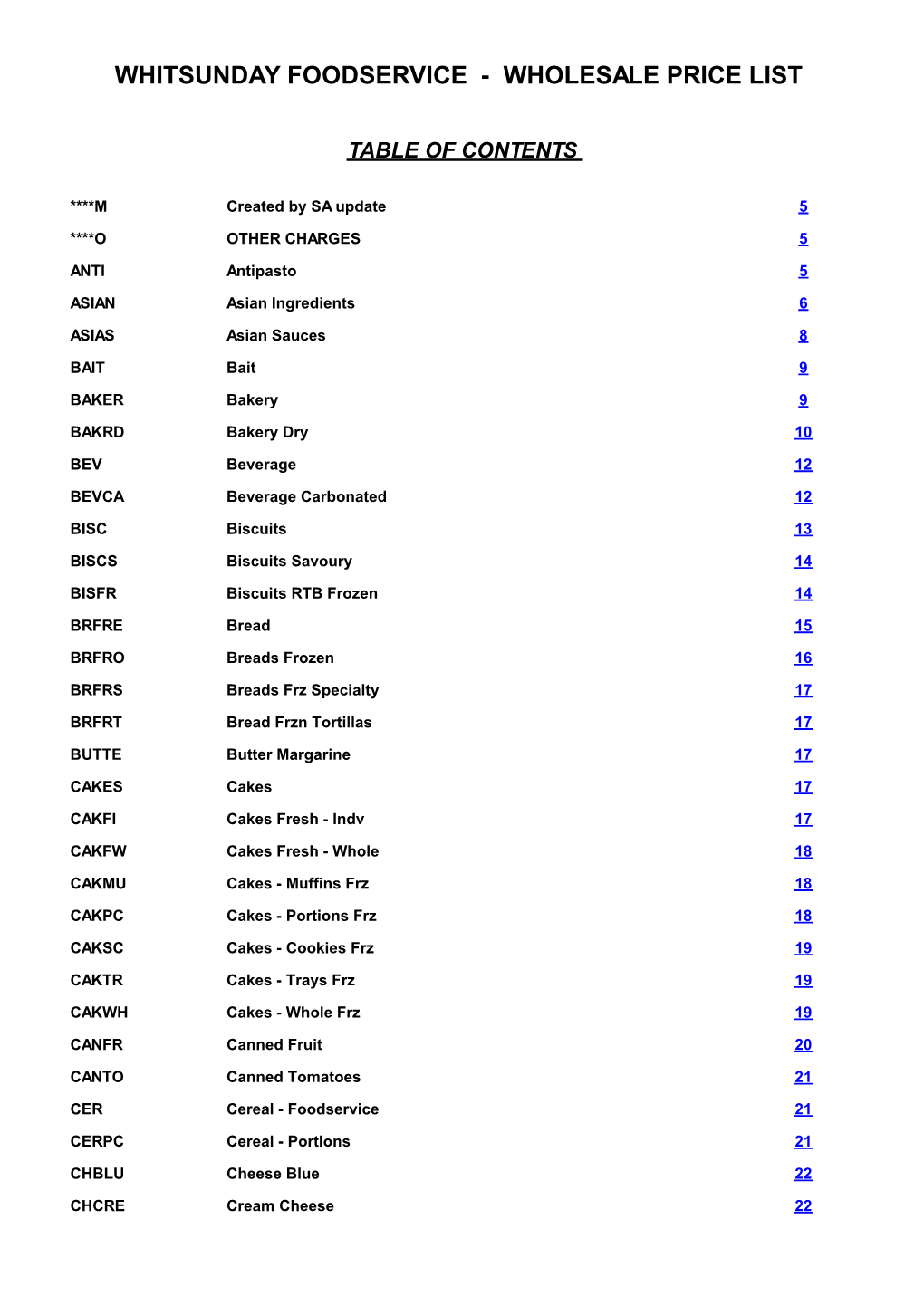 Whitsunday Foodservice - Wholesale Price List