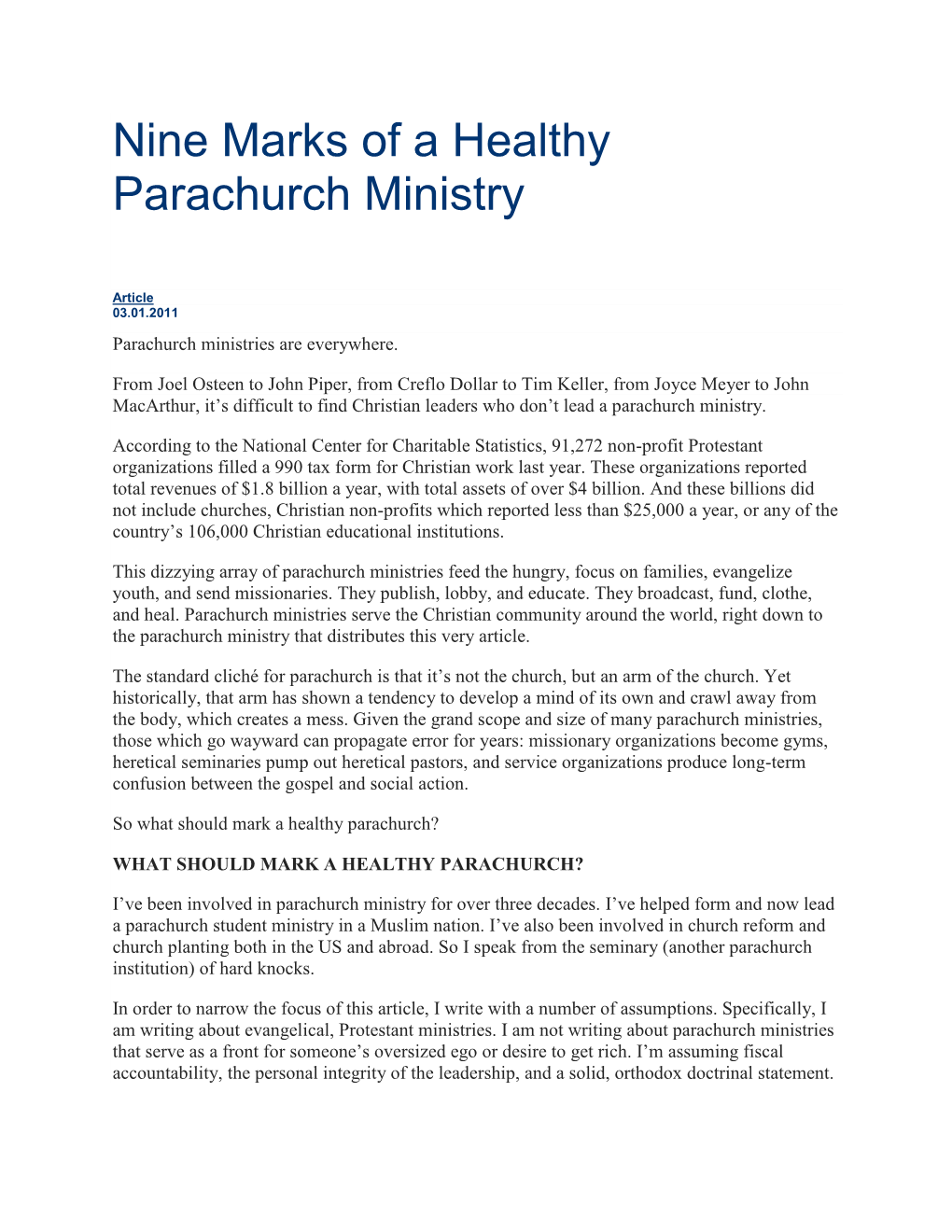 Nine Marks of a Healthy Parachurch Ministry