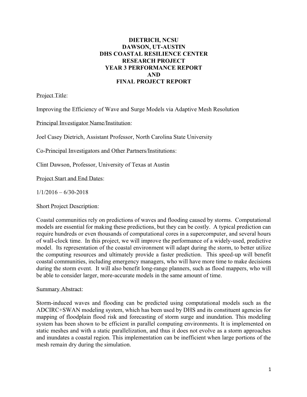 Dietrich, Ncsu Dawson, Ut-Austin Dhs Coastal Resilience Center Research Project Year 3 Performance Report and Final Project Report