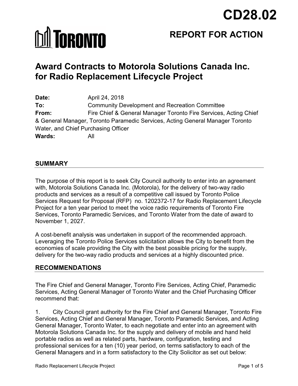 Award Contracts to Motorola Solutions Canada Inc. for Radio Replacement Lifecycle Project