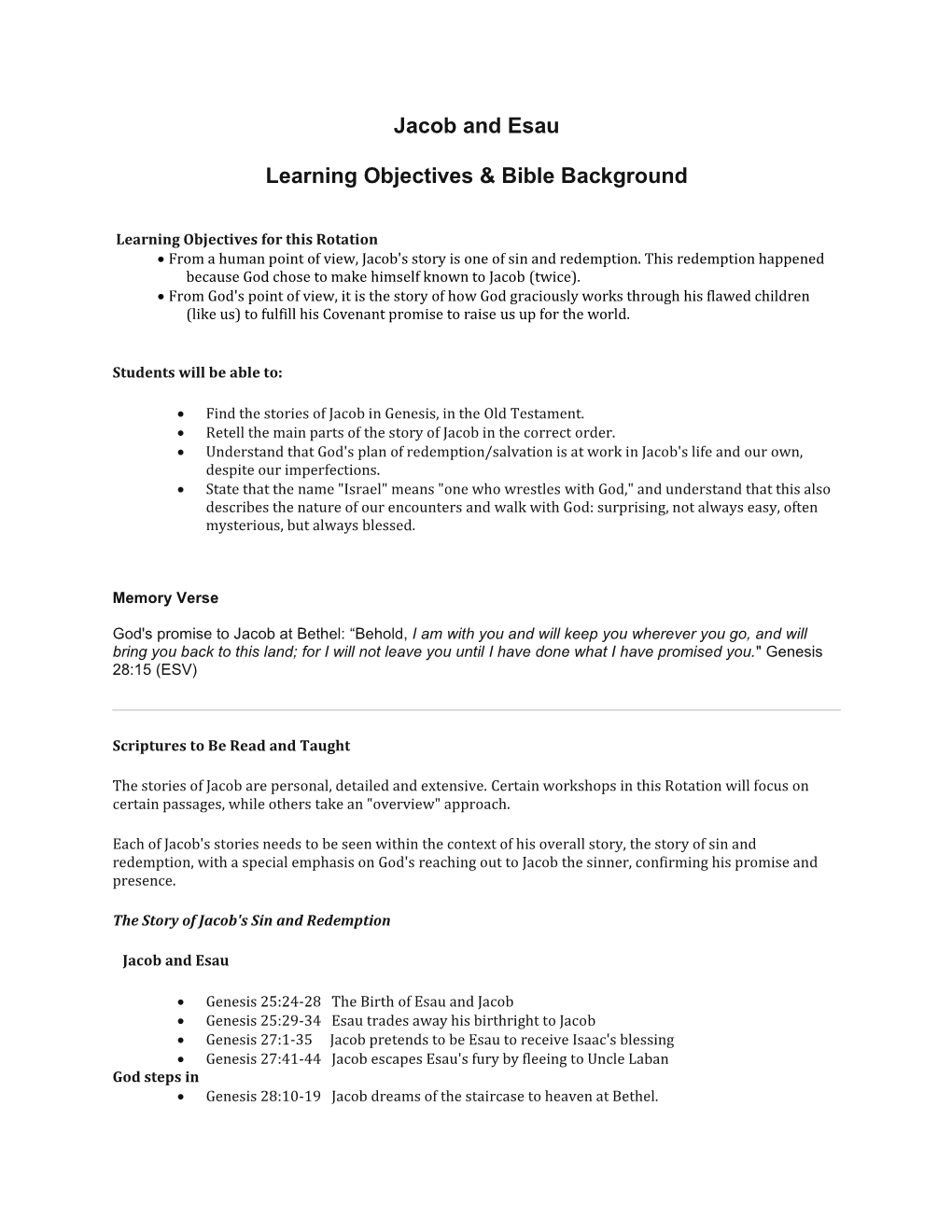 Jacob and Esau Learning Objectives & Bible Background