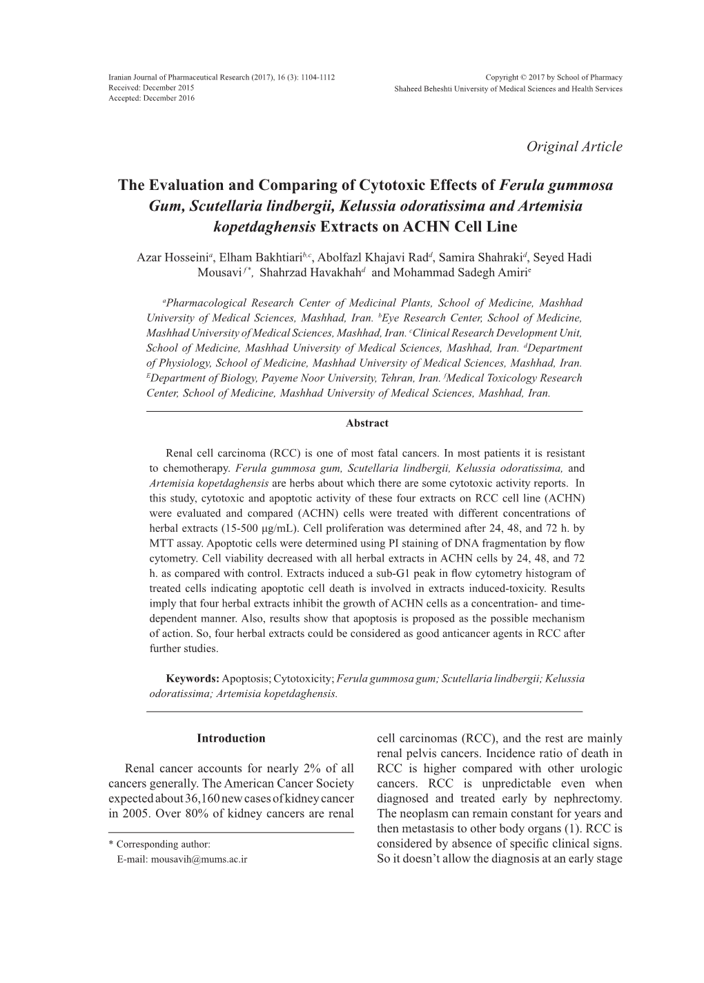 The Evaluation and Comparing of Cytotoxic Effects of Ferula