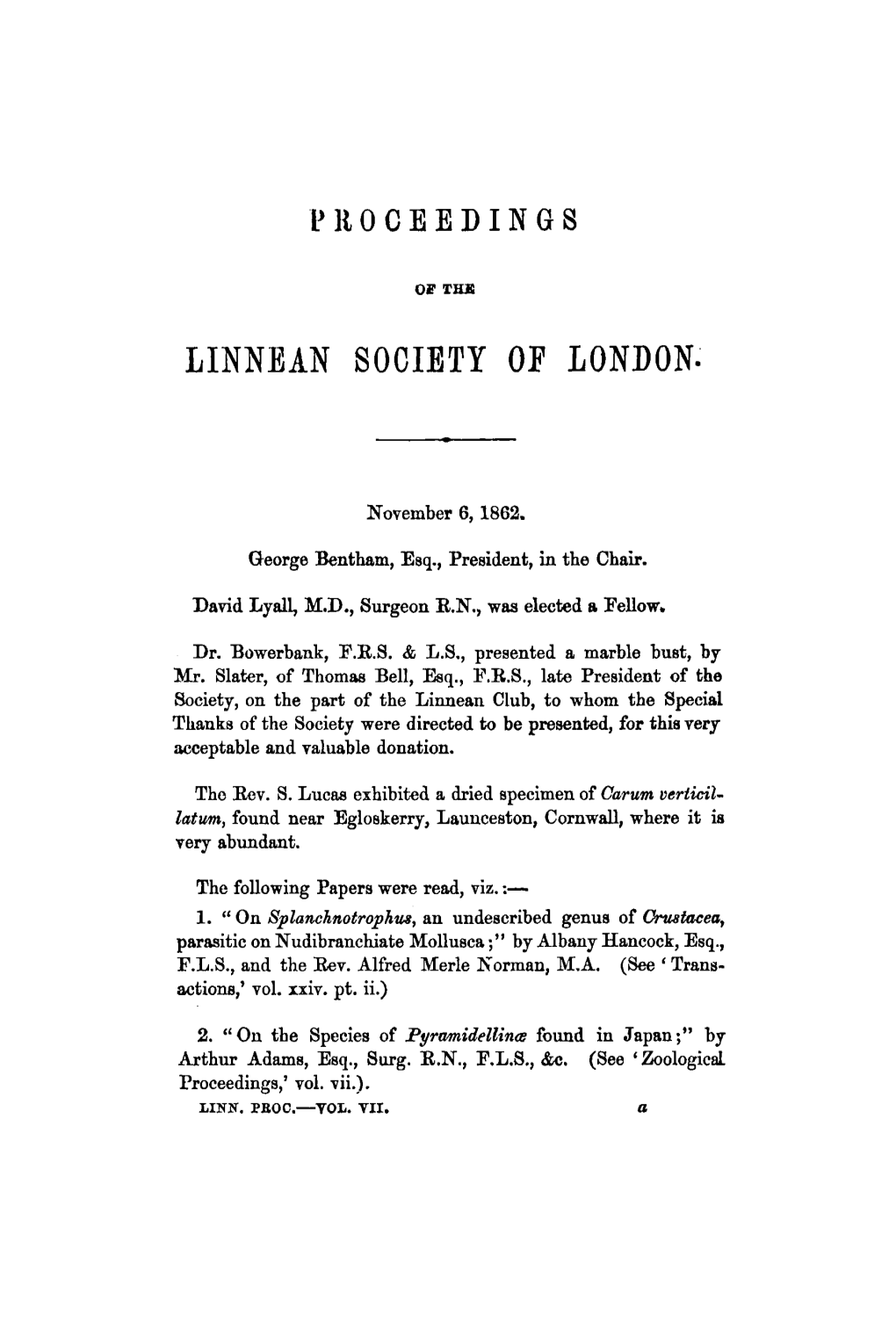 Proceedings of the Linnean Society of London. November 6, 1862, to April