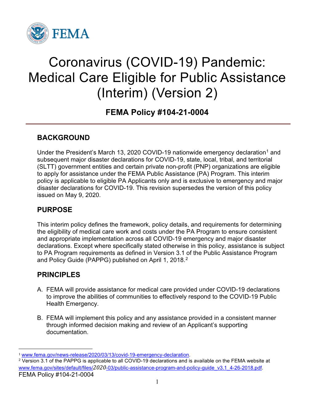 Public Assistance COVID-19 Medical Care Policy (V2)