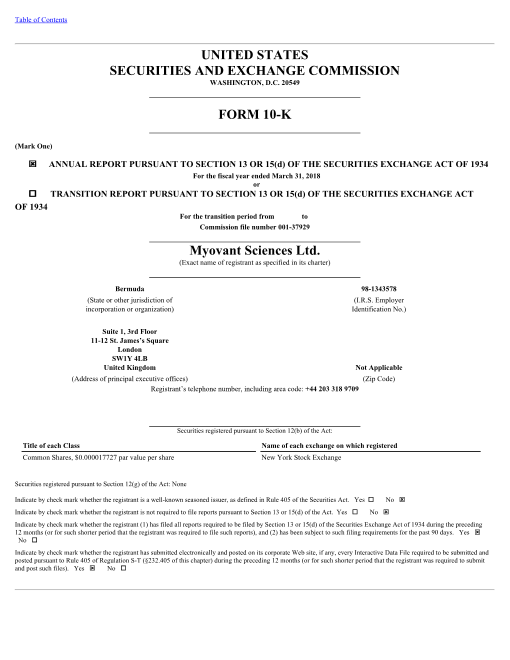 UNITED STATES SECURITIES and EXCHANGE COMMISSION FORM 10-K Myovant Sciences Ltd