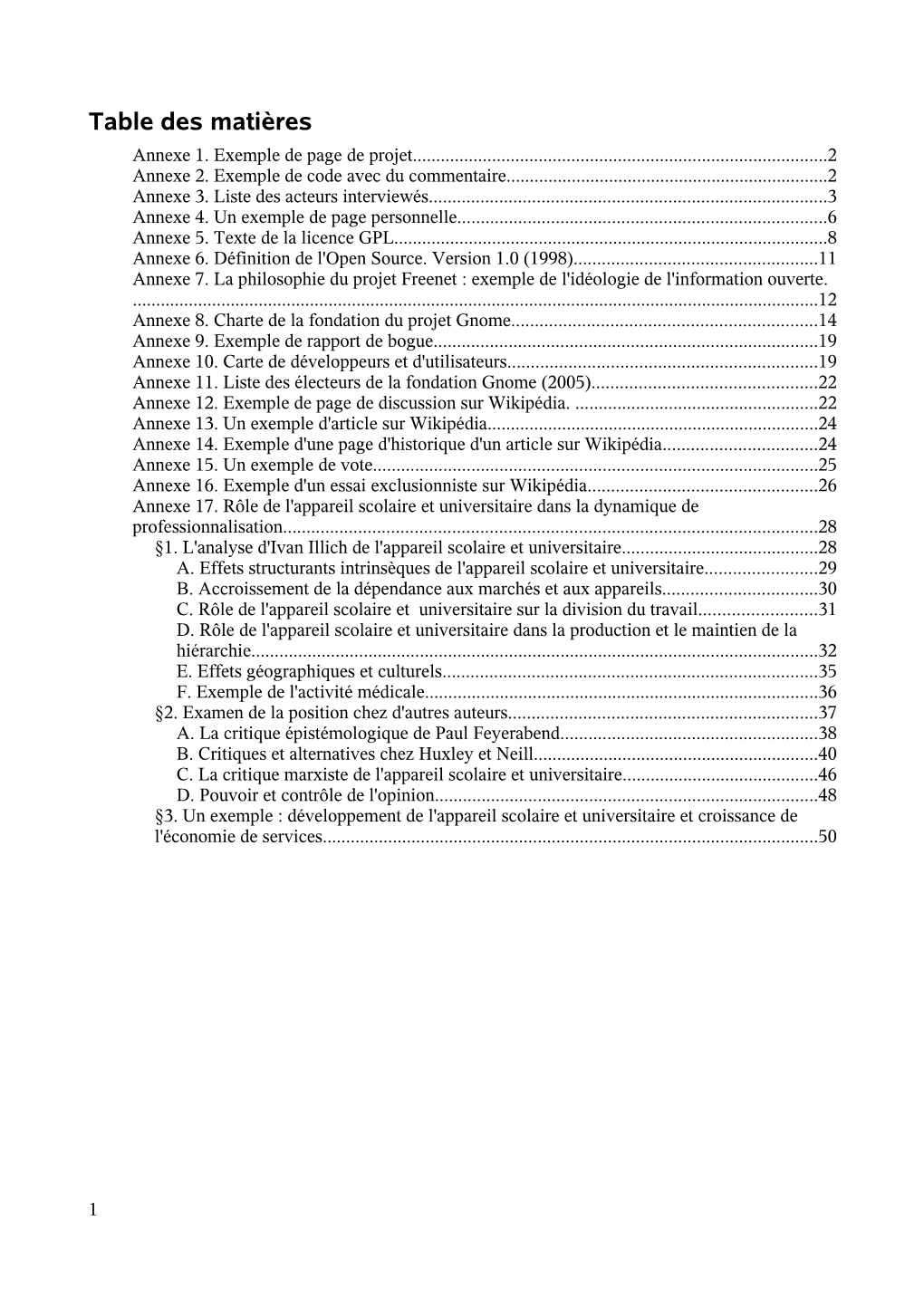 Table Des Matières Annexe 1