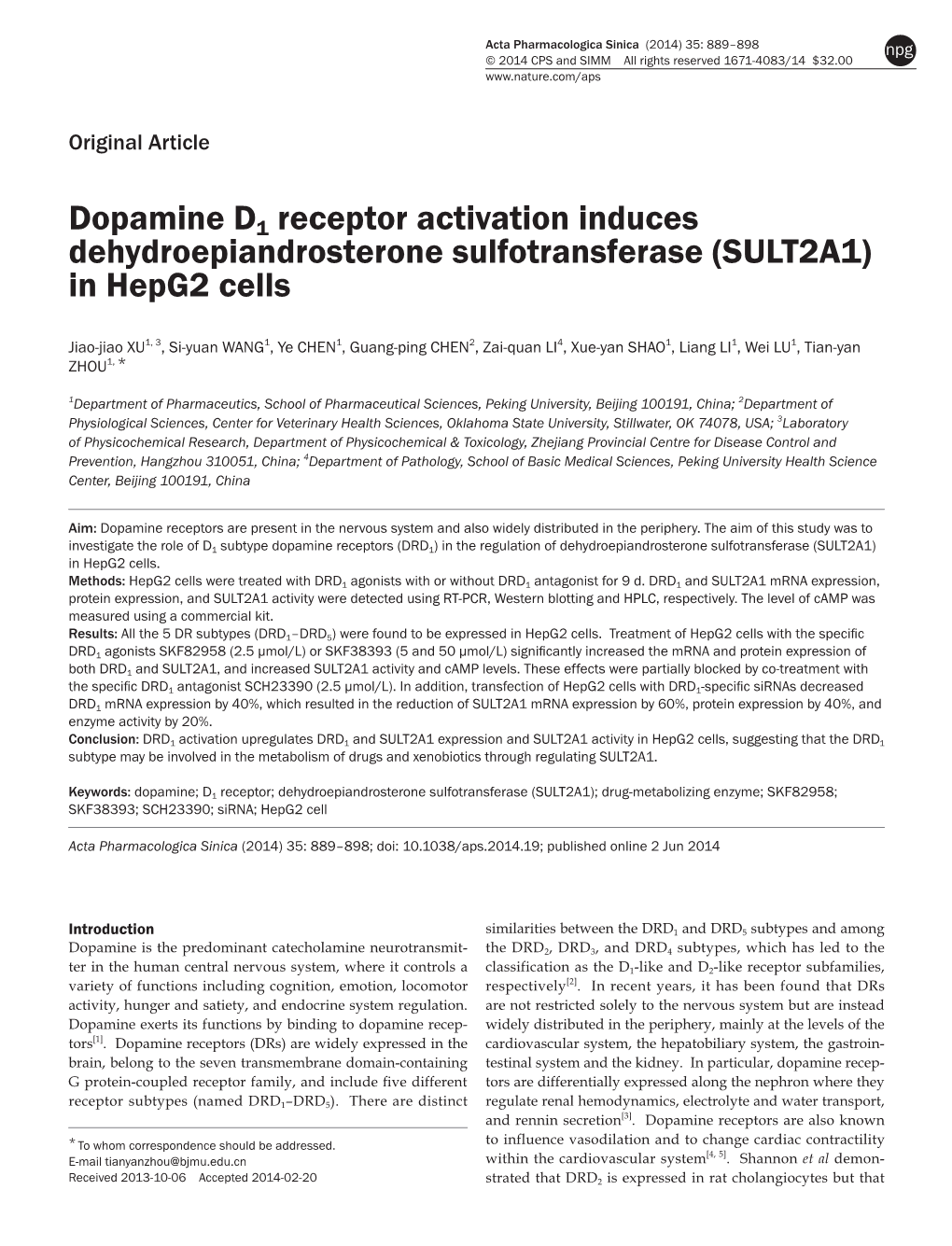 Dopamine D1 Receptor Activation Induces Dehydroepiandrosterone Sulfotransferase (SULT2A1) in Hepg2 Cells