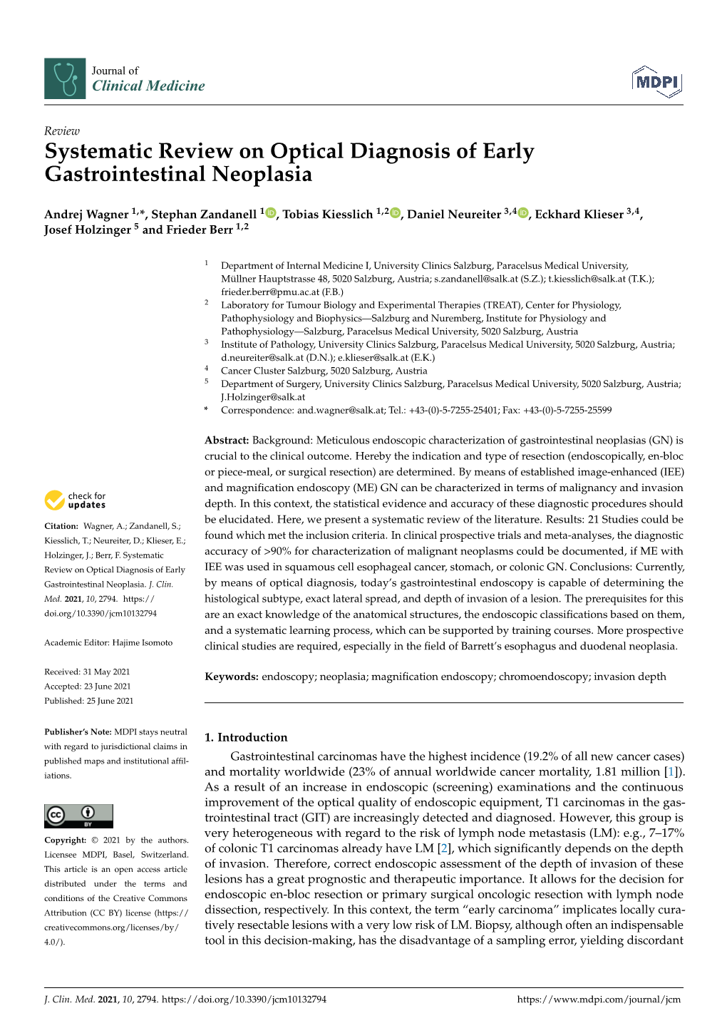 Systematic Review on Optical Diagnosis of Early Gastrointestinal Neoplasia