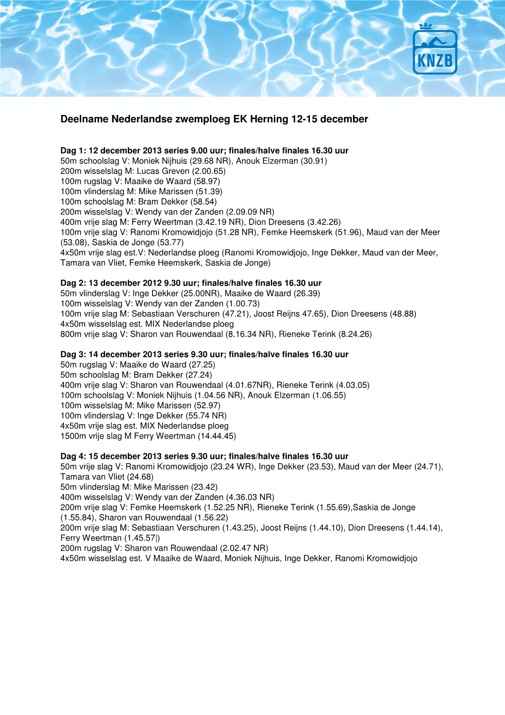 Deelname Nederlandse Zwemploeg EK Herning 12-15 December