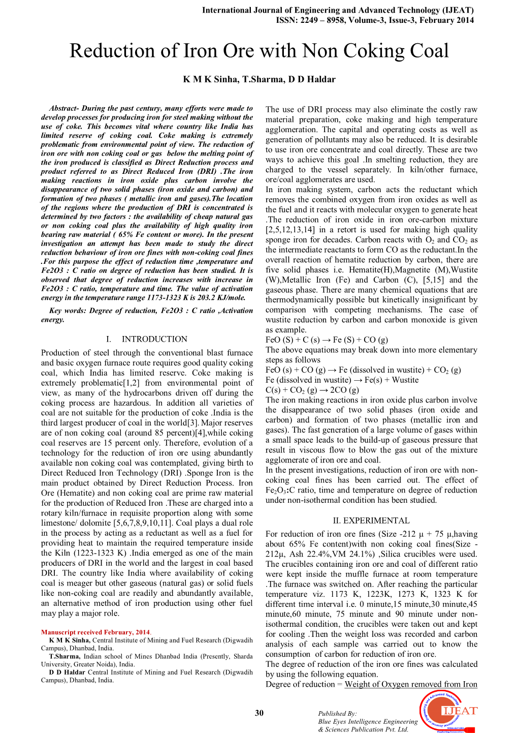 Reduction of Iron Ore with Non Coking Coal