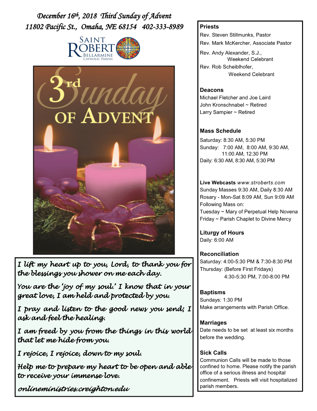 December 16Th, 2018 Third Sunday of Advent 11802 Pacific St., Omaha
