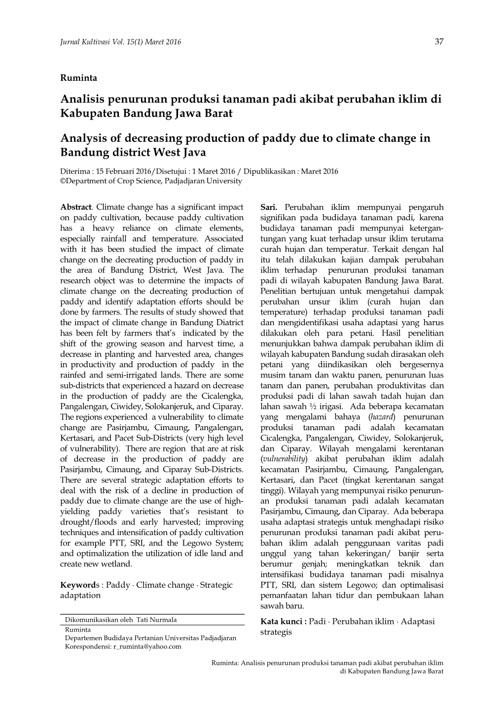 Analisis Penurunan Produksi Tanaman Padi Akibat Perubahan Iklim Di Kabupaten Bandung Jawa Barat