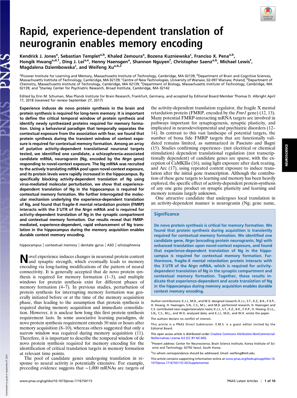 Rapid, Experience-Dependent Translation of Neurogranin Enables Memory Encoding